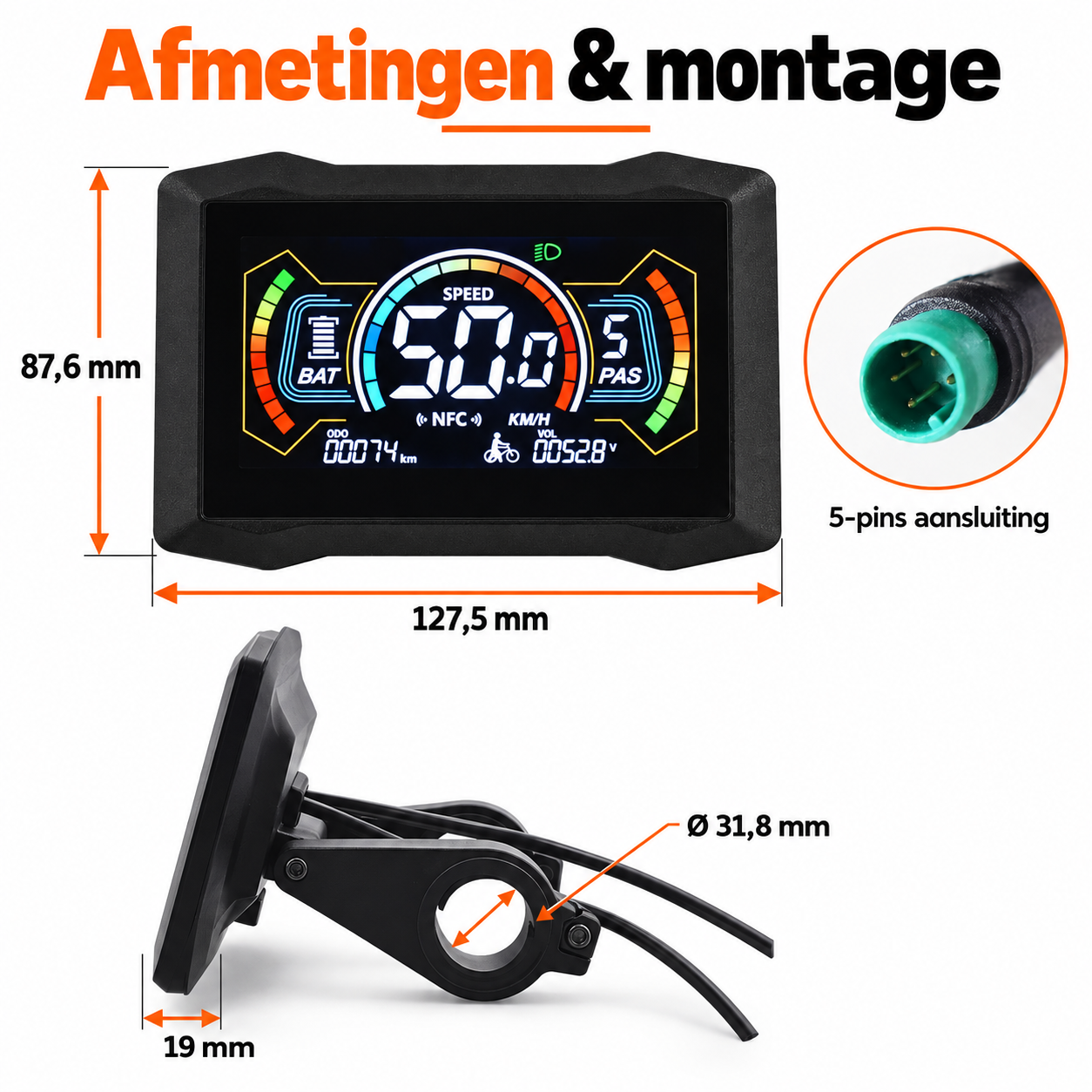 H7C NFC Kleurendisplay met 5-pins aansluiting – voor geschikte QMWHEEL & OUXI fatbikes